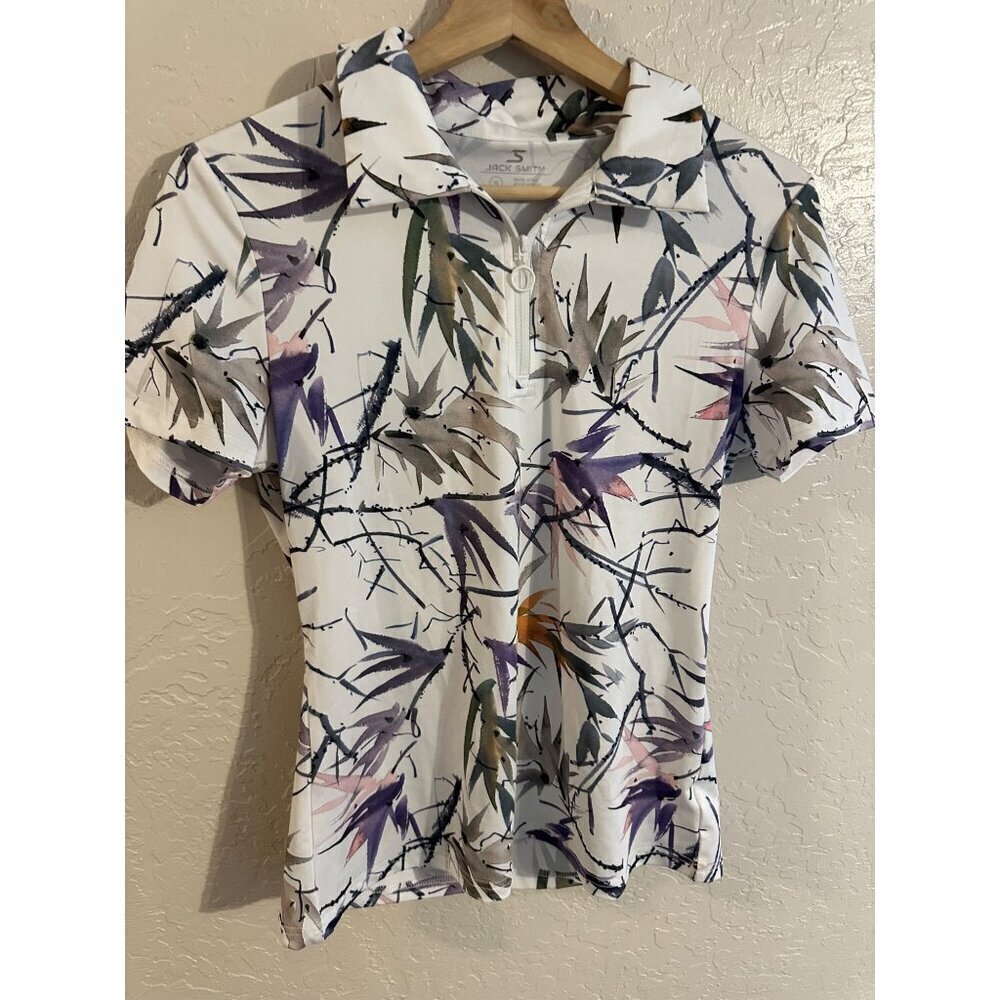 Y Jack Smith White Birds of Paradise Buttery Soft Short Sleeved Golf Polo Shirt - Picture 2 of 10